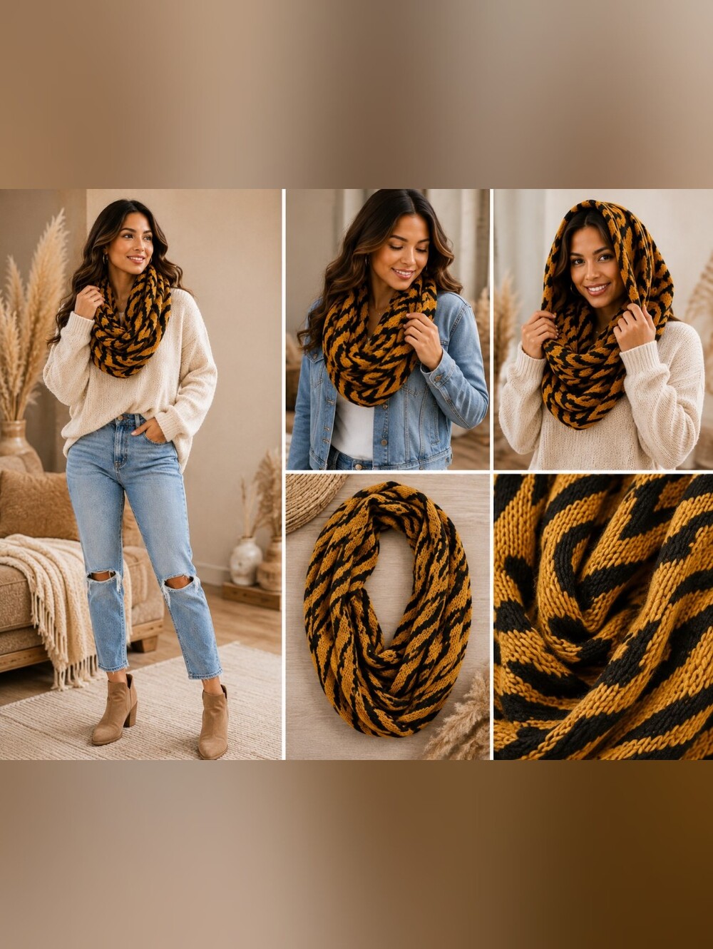 Animal Print Cowl Infinity Scarf | Soft Chunky Knit Neck Warmer | Multi-Way